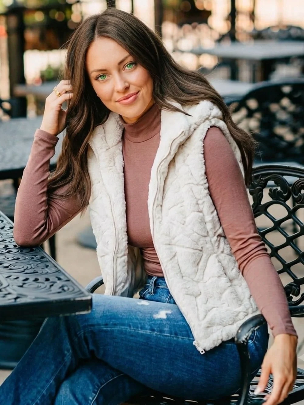 Reversible Plush Faux Fur and Quilted Vest Zip Up Cream White Cozy Warm Layering